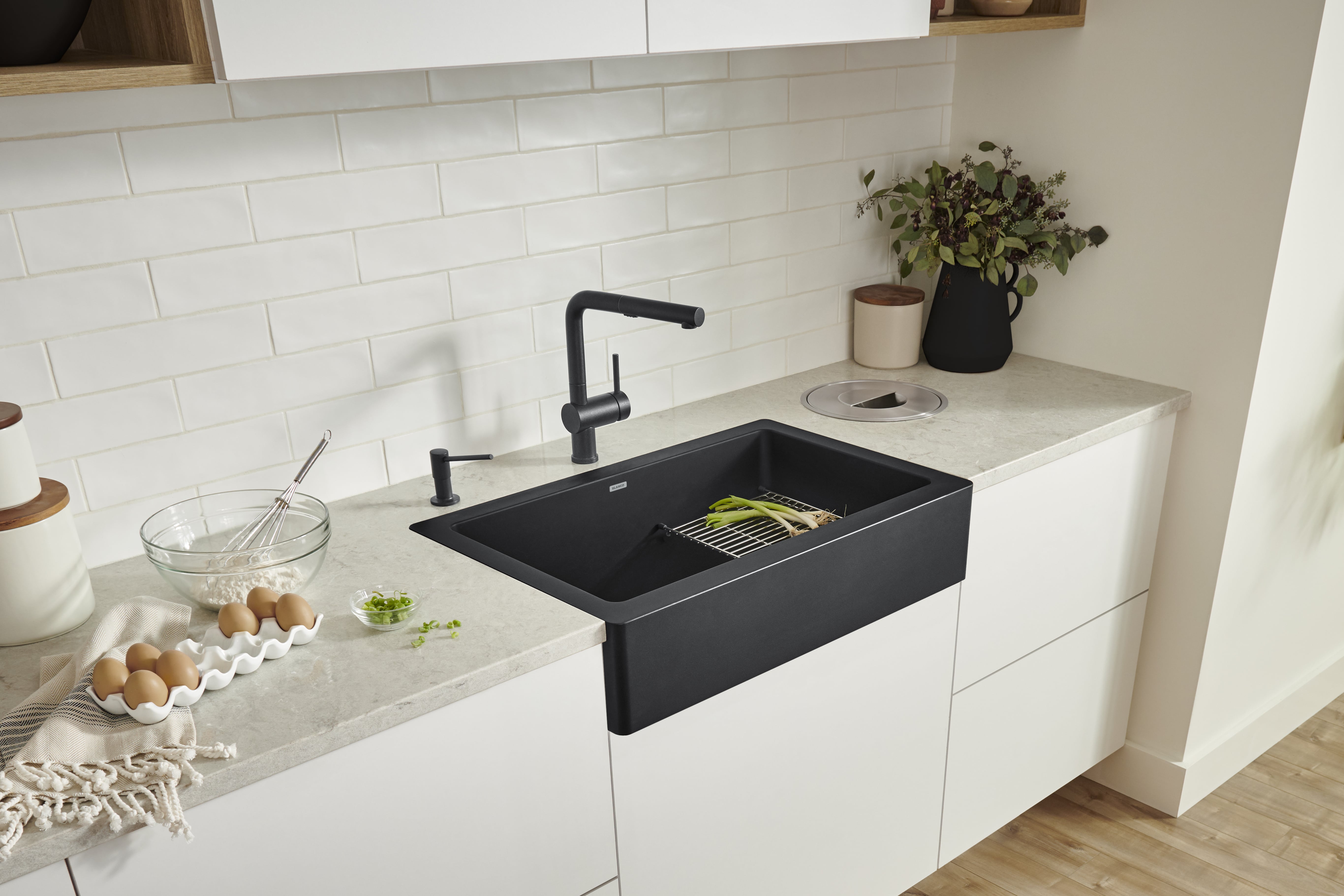 farmhouse kitchen sink with cabinets