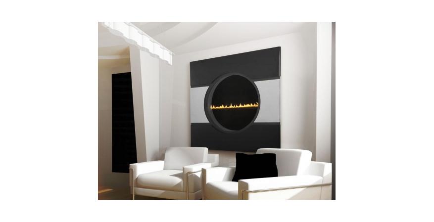 Heat & Glo  Solaris is the world’s slimmest see-through fireplace. Measuring 32 inches in diameter, the   4-inch-thick unit gives a 6-foot-deep illusion of flame and lighting effects.