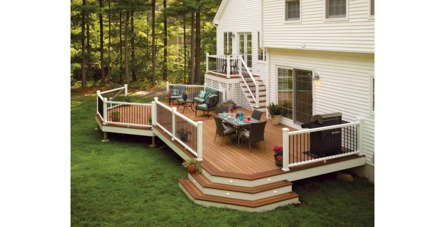 Capped on all four sides with a PermaTech surface material, Horizon deck boards feature two different wood-grain patterns on the top and bottom, providing more design options and enhancing stain and fade resistance. They come in five colors.
