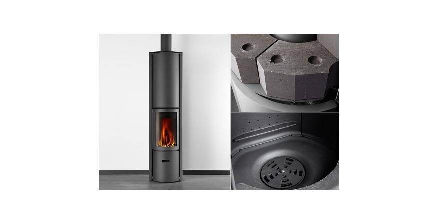 Stuv  This sleek and simple wood burning stove provides a full view of the fire and can be fitted with an accumulator unit that stores heat and dissipates it for several hours after the fire has died.