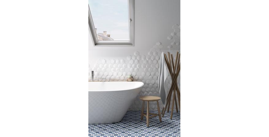 Equipe Ceramics  Magical3 is a line of 3-D relief decorative wall tiles that come in hexagon and square and in four relief patterns. 