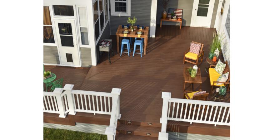 The new Tropical Collection features four colors inspired by reclaimed wood: Antique palm, Caribbean redwood, Antigua gold, and Amazon mist. The line of polymer-capped boards features a VertiGrain surface to allow for easier cleaning, the manufacturer says. It is available in 12-, 16-, and 20-foot lengths.