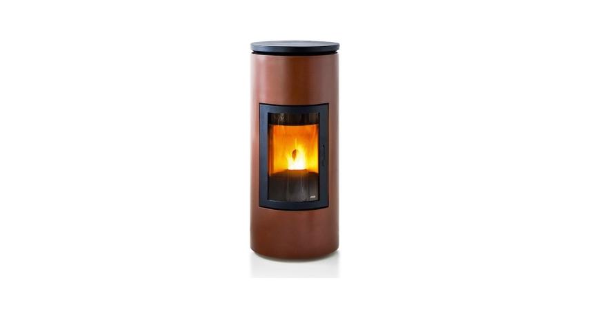 MCZ Group  The Tube is a round pellet stove with a black-painted aluminum top and bronze, silver, and black steel sides.