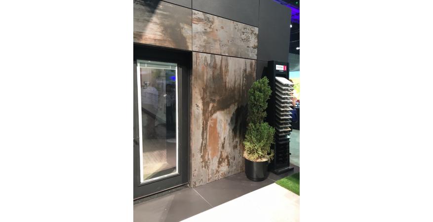 Trilium is the first recycled color within the Dekton by Cosentino line, made with 60 percent recycled content from production of the company’s other colors. The combination of grays, browns, and blacks creates a visual effect of oxidized steel for an industrial look. The surfacing can be used indoors or outdoors