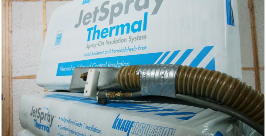 Knauf Insulation says its new JetSpray thermal insulation system is a spray-on glass mineral wool product that features stabilized fiber technology so it can be applied in a net-less, side-wall application.