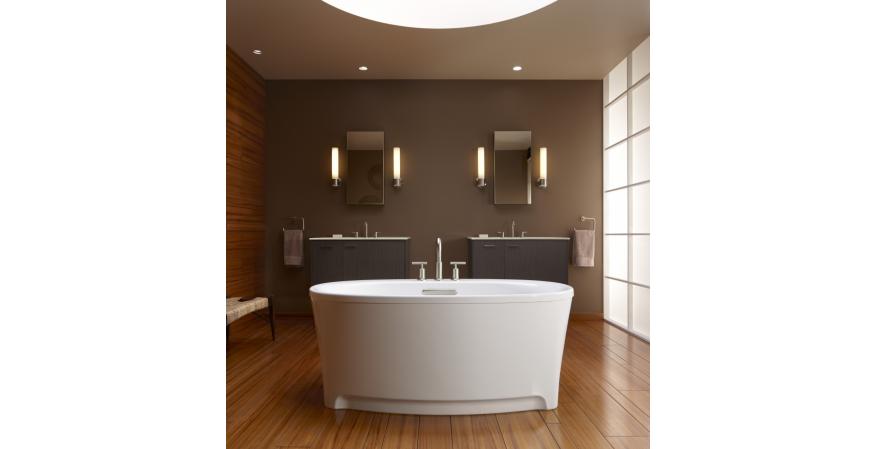 Kohler’s Underscore oval bath allows users to personalize relaxation with a variety of optional features, such as Bluetooth speakers for playing music and providing sound vibration; air massage; whirlpool massage; a heated surface in the neck, back, and shoulder areas; and chromatherapy.