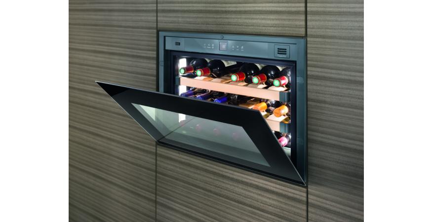 Because luxury kitchens prefer their appliances handle free, Liebherr’s HWg 1803 wine storage cabinets partially open with a tap on the glass door. If inactive for three seconds, the door automatically closes. Designed to be installed in 17½-inch niches, the units feature beech-wood telescoping shelves for storing up to 18 bottles, reversible hinges for flexible mounting, and an LCD control screen