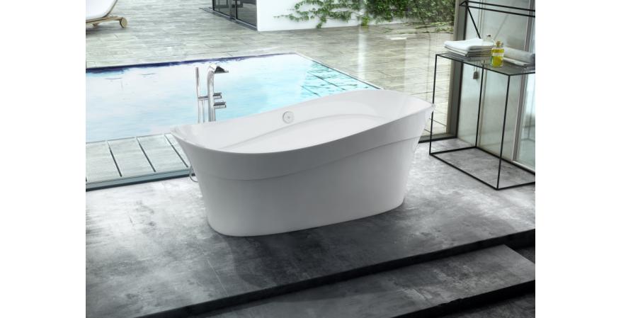 Pescadero from Victoria + Albert expresses its nautical roots with an undulant shape and rim design. Made of volcanic limestone and resin, the freestanding tub has a gloss white interior and an exterior that is available in six colors. It measures 68 5/8 inches by 29 5/8 inches