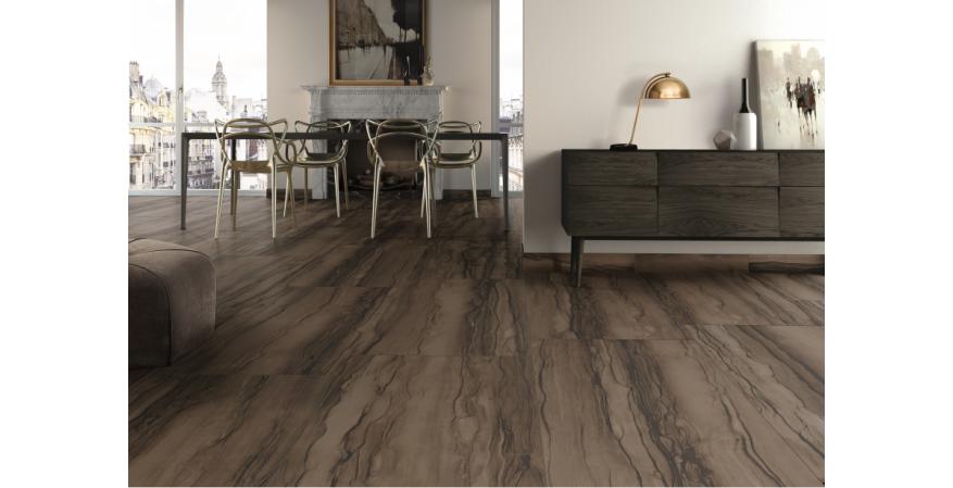 Next-generation Italian glazing technology allows Sequoia porcelain tiles to emulate the look and tactile striations of Sequoia stone. The brushed and honed tiles come in almond, black, grey, and puro hues for floors or walls. 