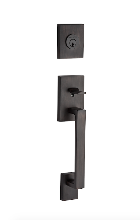 The La Jolla handleset is made from solid brass and accommodates door thicknesses from 1¾ to 2 inches. It has a five-pin C-keyway and an adjustable backset latch. It comes in four finishes—Venetian bronze, satin nickel, polished chrome, and polished nickel.