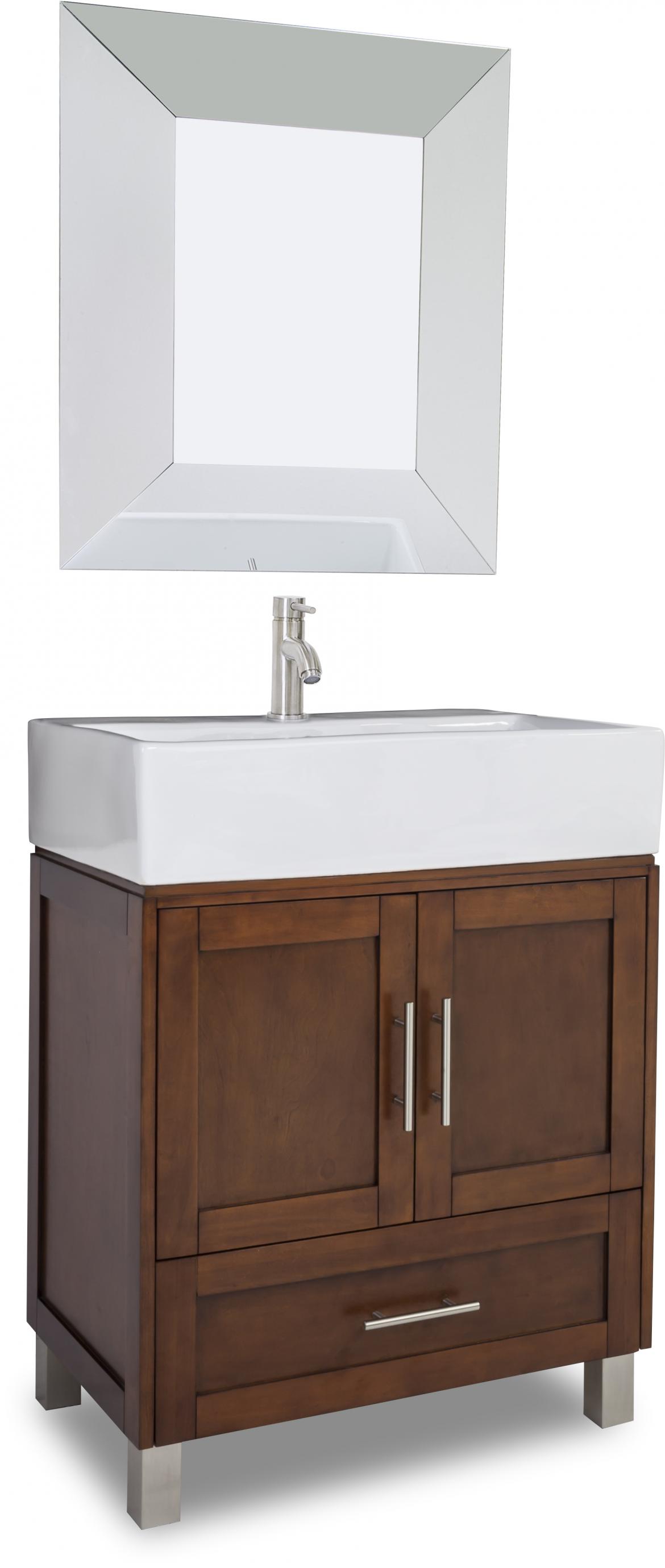 Part of the Jeffrey Alexander collection, the York Vessel vanity features a large two-door cabinet and bottom drawer for storage. It measures 28 inches wide, 18¼ inches deep, and 36 inches tall. The product comes with an oversized vessel bowl/top cut for a single-hole faucet, coordinating glass mirror, and satin nickel hardware. It is available in chocolate and espresso finishes.