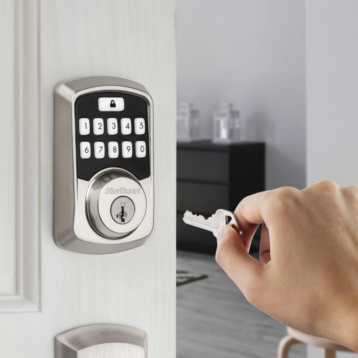 Kwikset Aura Affordable Smart Lock Exterior With Hand Key Satin Nickel
