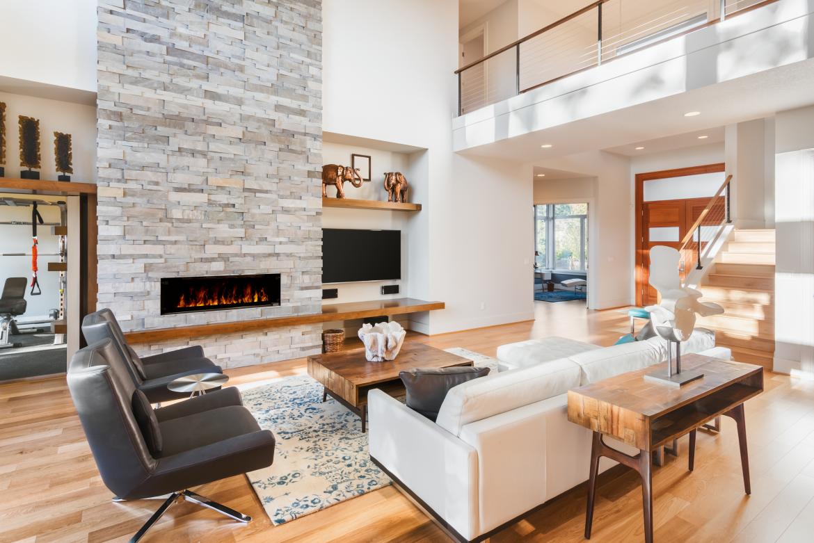 Modern living room design with fireplace