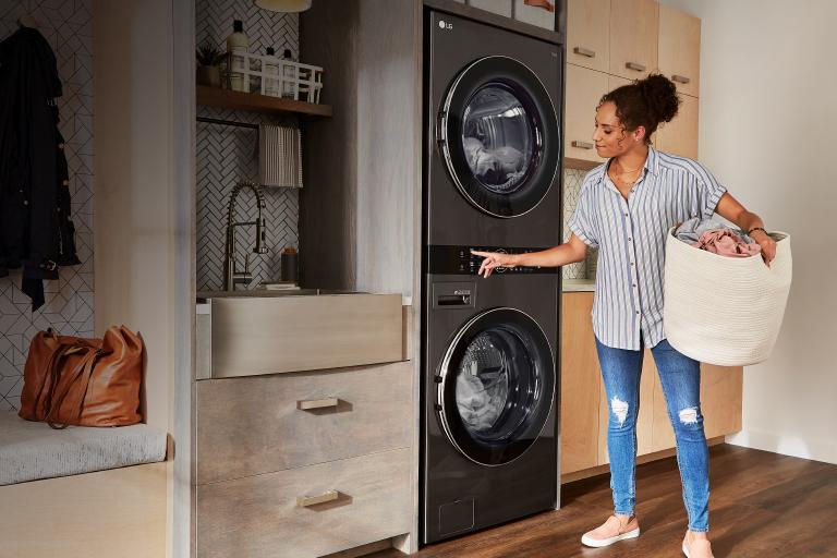 Front load stacked store washer and dryer