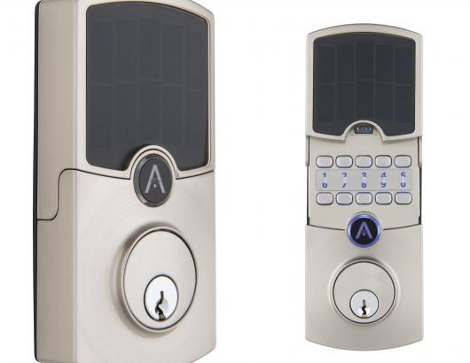 ARRAY By Hampton Cooper Satin Nickel Solar Panel Closed and Open to Show Hidden Metal Keypad