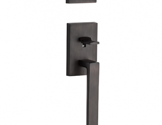 The La Jolla handleset is made from solid brass and accommodates door thicknesses from 1¾ to 2 inches. It has a five-pin C-keyway and an adjustable backset latch. It comes in four finishes—Venetian bronze, satin nickel, polished chrome, and polished nickel.