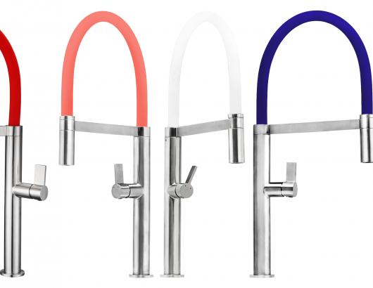 Made from stainless steel, the Ibiza faucet measures 20 inches tall with a spout reach of 9 inches. The flexible spout also pulls down to access the far corners of the sink. Available colors include pure white, jet black, ruby red, ocean blue, navy blue, and coral pink.