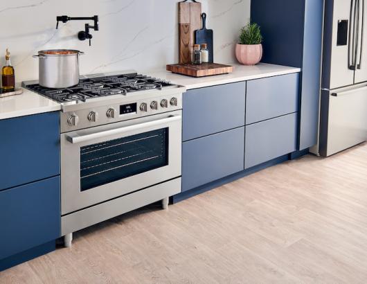 Bosch Industrial Style Ranges beauty shot with blue cabinets
