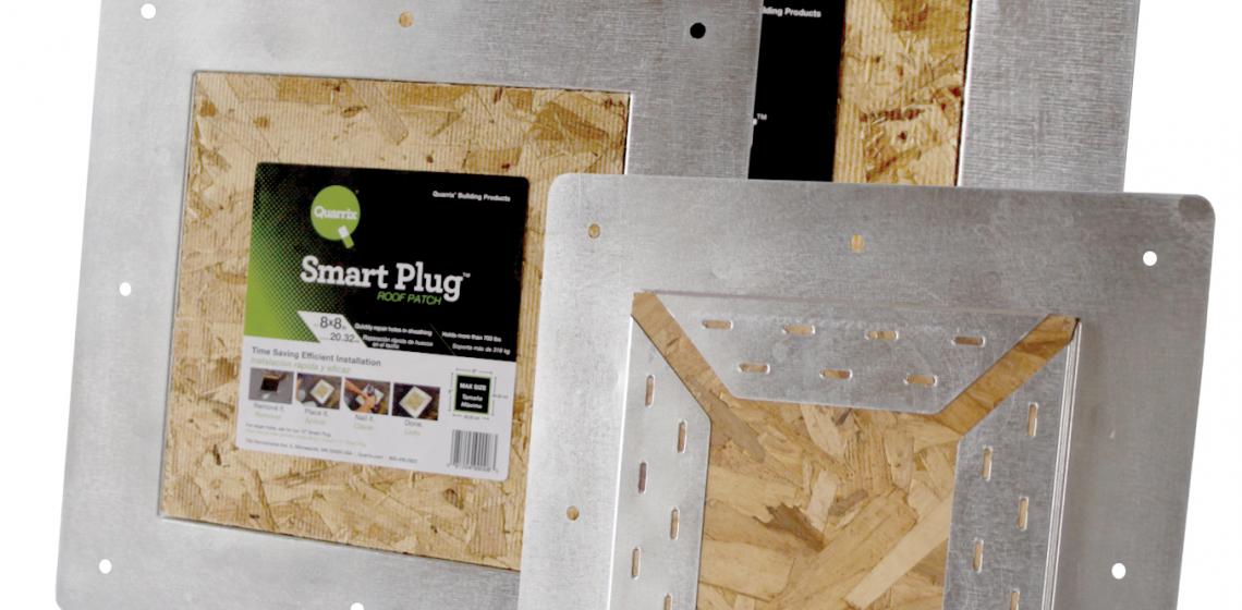 Designed for retrofit situations, Smart Plug is used when roofing installers convert static vents to ridge ventilation. The product is a strong and easy way to patch holes left by pot, slant-back, and turbine vents. Two sizes are available: 8 by 8 inch and 12 by 12 inch.