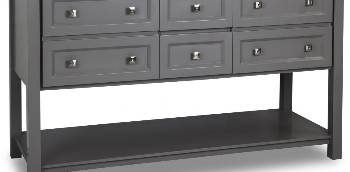 The gray Adler vanity is a transitional-style product that comes preassembled for easy installation. Available in three sizes, it offers a combination of drawers and false-front drawers and features satin nickel hardware. A white Carrara marble top and white porcelain bowl are available