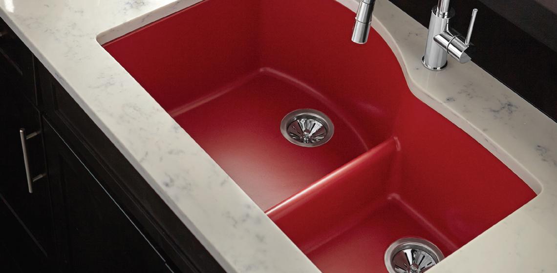 Elkay Manufacturing has created a Quartz Luxe collection within its Elkay Quartz brand and has added six new colors and 16 models. Red sink.