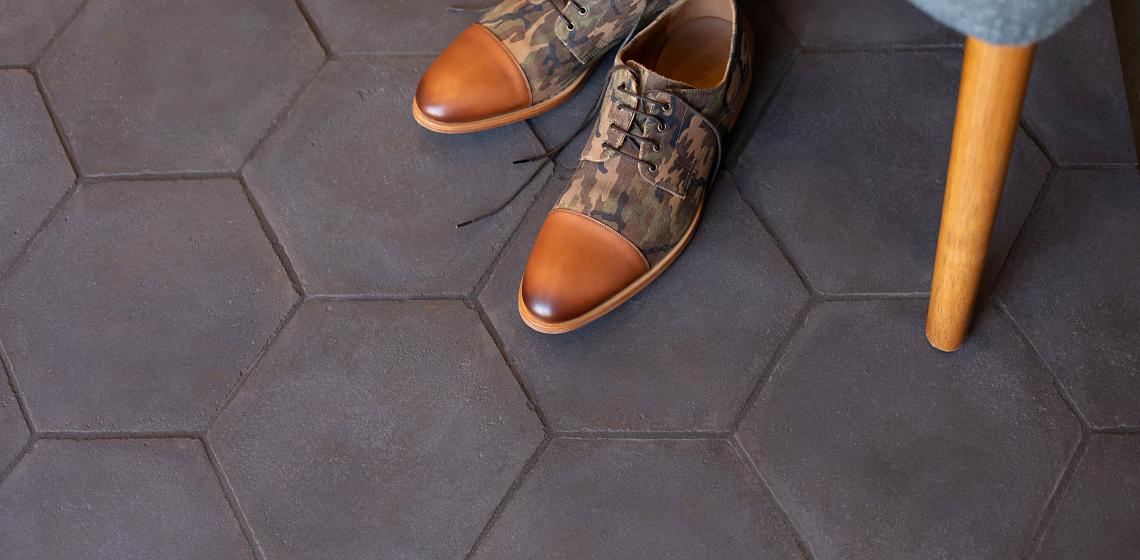 Walker Zanger Cotto Toscano Floor Hexagon With camouflage shoes