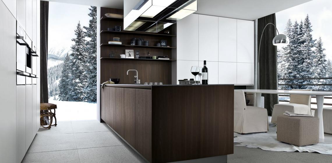Dark-brown cabinets from Poliform, one of several cabinet brands