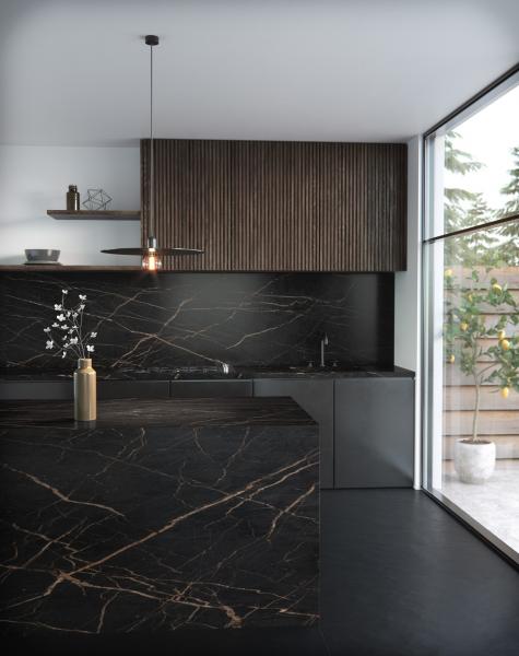 Black, gold marble kitchen counter
